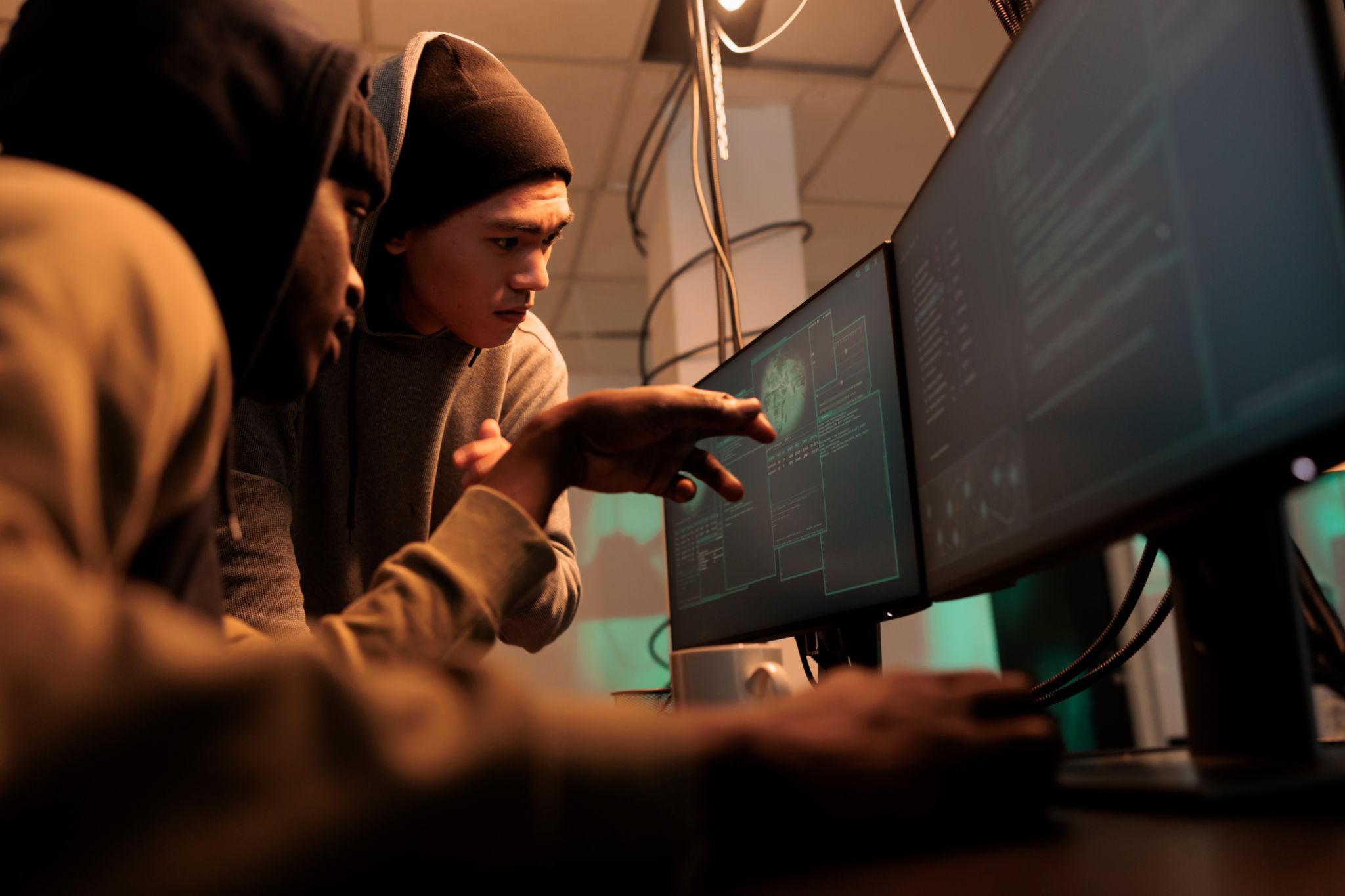 cybersecurity experts analyzing potential cyber attack and encryption systems