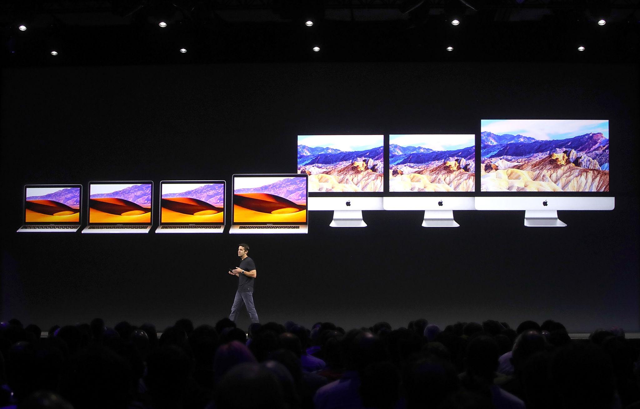 Apple keynote stage showcasing Mac and product lineup
