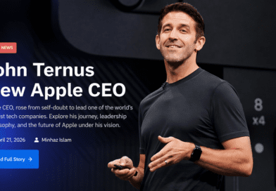 John Ternus speaking at Apple event as new CEO, wearing black t-shirt on stage