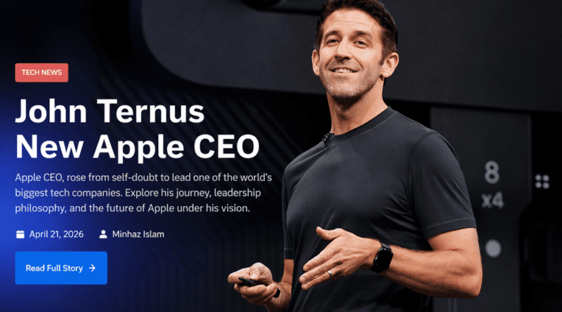 John Ternus speaking at Apple event as new CEO, wearing black t-shirt on stage