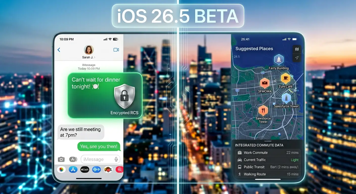 A high-fidelity conceptual mockup of an iPhone screen running "iOS 26.5." The split-screen display shows a secure, encrypted RCS messaging interface on the left and an intelligent, proactive mapping dashboard on the right, providing location suggestions and commute data.
