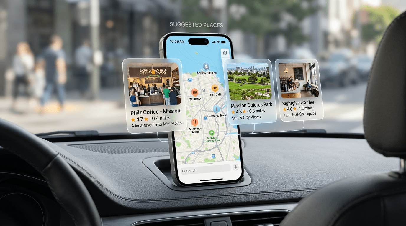 An iPhone mounted on a car dashboard displaying a map app with floating holographic cards for "Suggested Places."