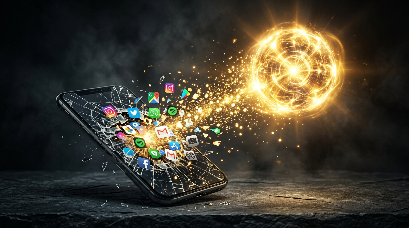 A shattered smartphone lying on a dark stone surface. Colorful app icons, including popular social media and utility applications, burst upward from the cracked screen and transform into a bright, swirling sphere of glowing golden energy against a dark, smoky background.