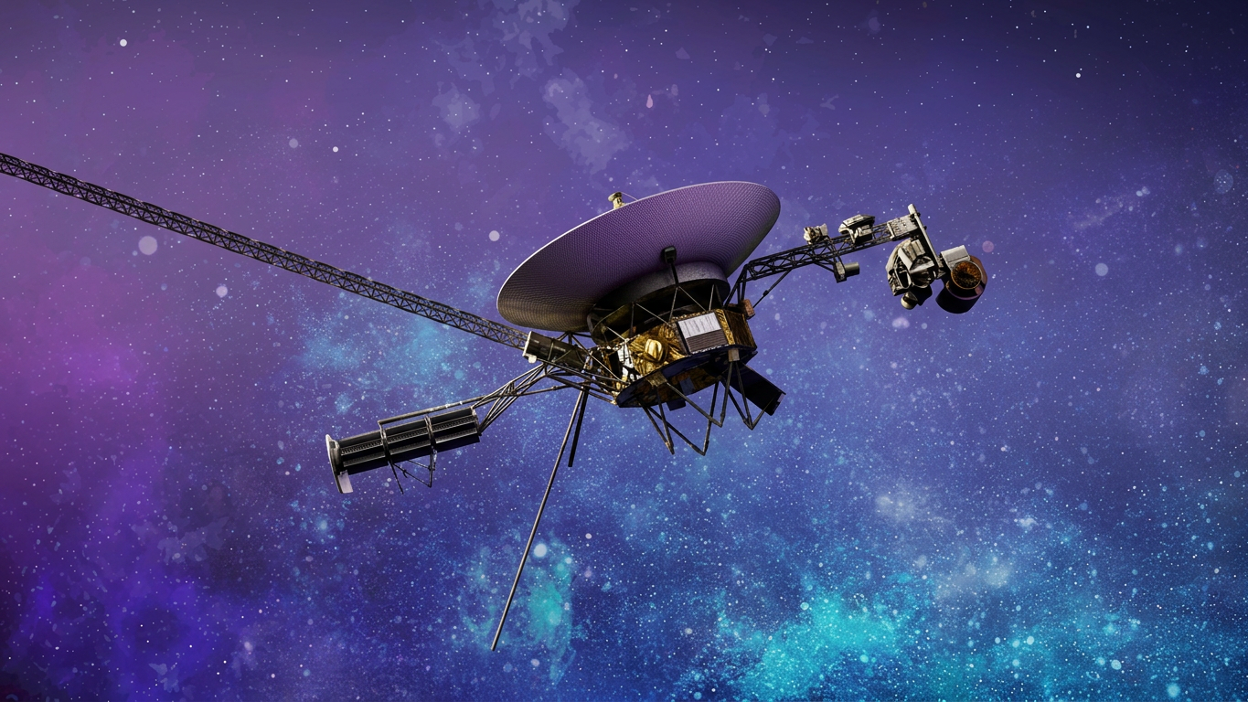Voyager 1 spacecraft traveling in deep interstellar space with galaxy background NASA Voyager 1