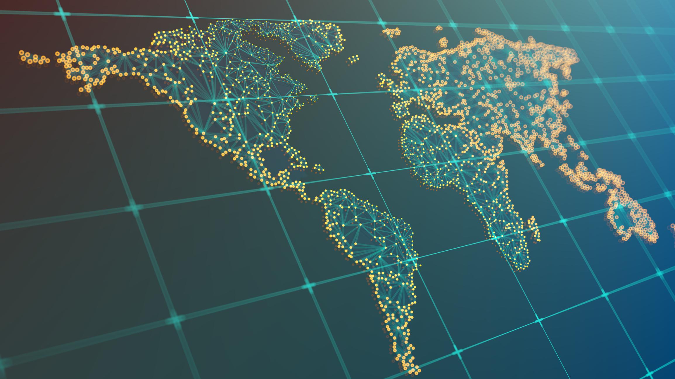 global digital network map showing interconnected data nodes and cybersecurity infrastructure worldwide