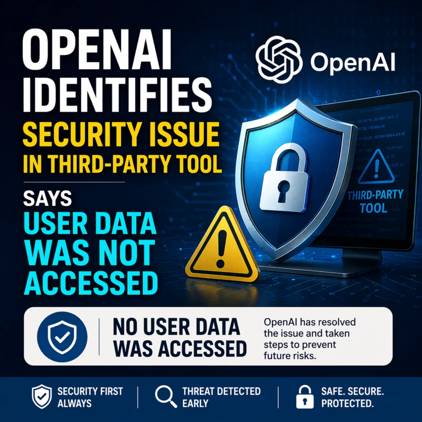 Cybersecurity infographic stating "OpenAI identifies security issue in third-party tool, says user data was not accessed," featuring a 3D digital shield, padlock, and warning triangle
