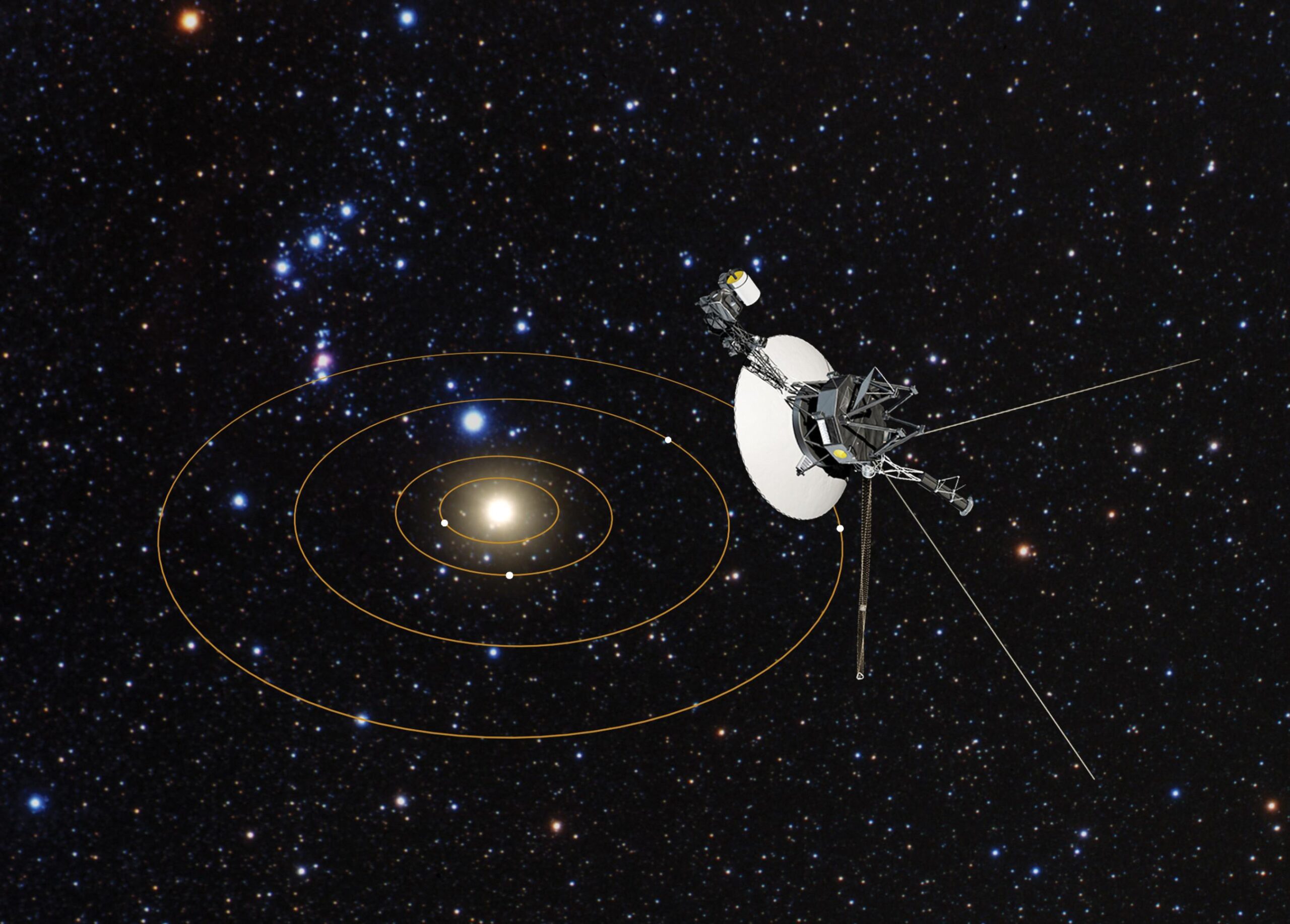 NASA Voyager spacecraft in space with antenna and instruments visible