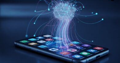 Smartphone app icons dissolving into a glowing AI orb, representing the shift from apps to AI agents