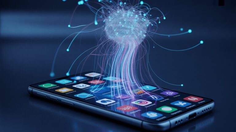 Smartphone app icons dissolving into a glowing AI orb, representing the shift from apps to AI agents