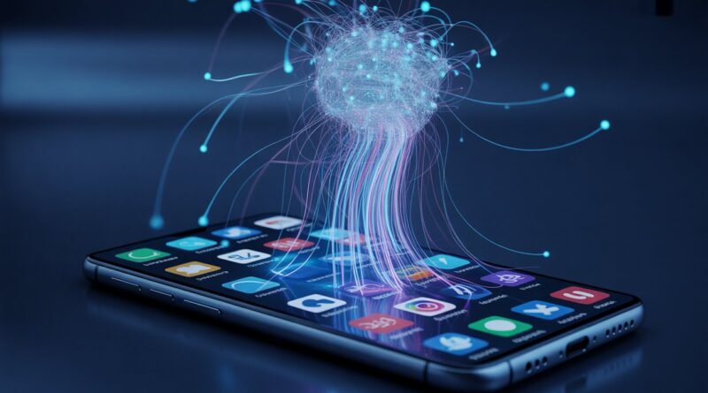 Smartphone app icons dissolving into a glowing AI orb, representing the shift from apps to AI agents