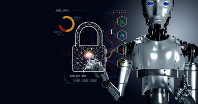 Artificial intelligence cybersecurity concept with robot and digital lock protection