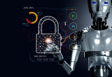 Artificial intelligence cybersecurity concept with robot and digital lock protection