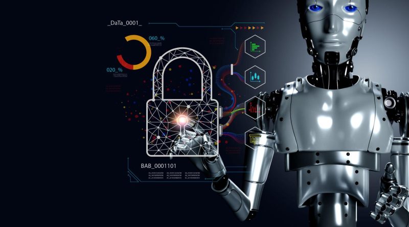 Artificial intelligence cybersecurity concept with robot and digital lock protection