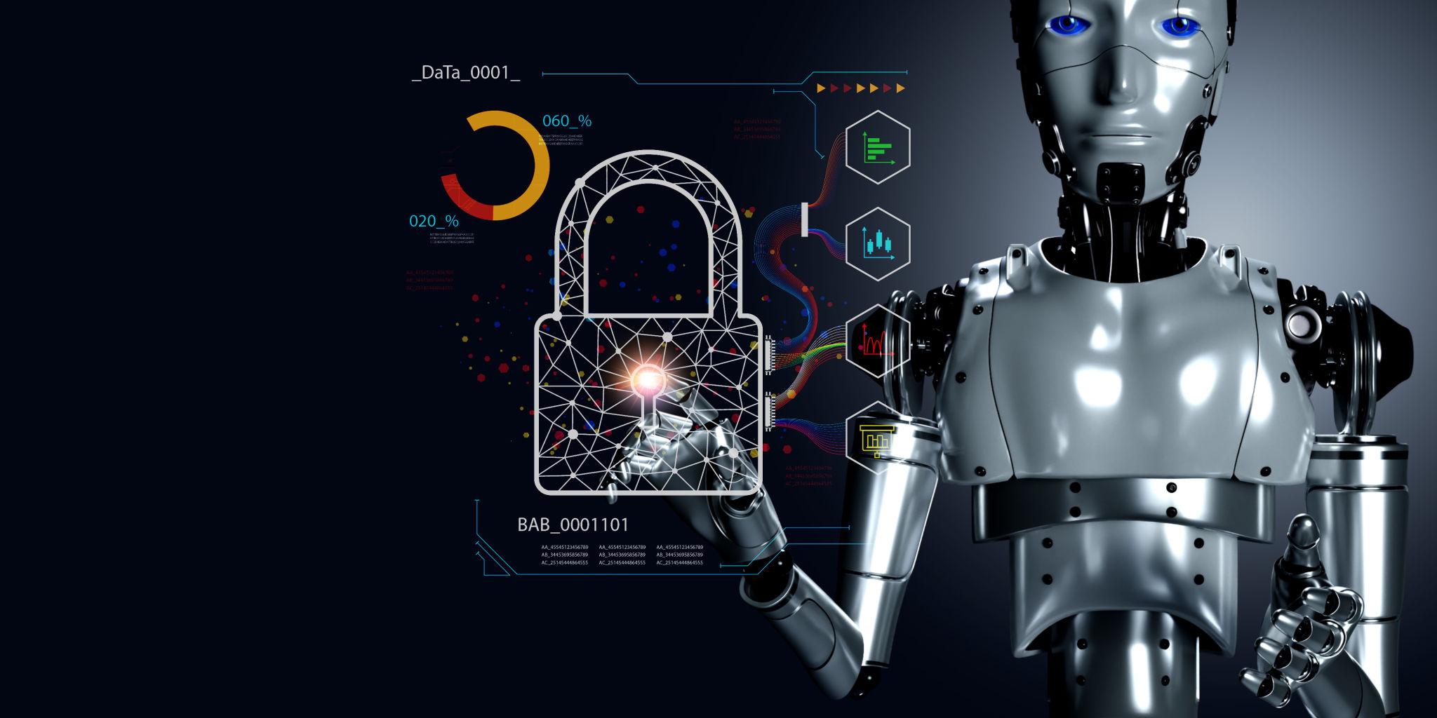 Artificial intelligence cybersecurity concept with robot and digital lock protection