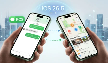 Apple iOS 26.5 beta showing new Apple Maps Suggested Places interface and restaurant discovery screen with encrypted RCS messaging feature updates.