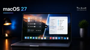 A realistic MacBook featured image displaying macOS 27 interface with redesigned Liquid Glass visuals, highlighting cleaner UI, improved Finder layout, and refined transparency effects.