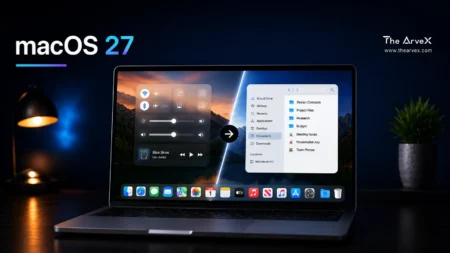 A realistic MacBook featured image displaying macOS 27 interface with redesigned Liquid Glass visuals, highlighting cleaner UI, improved Finder layout, and refined transparency effects.