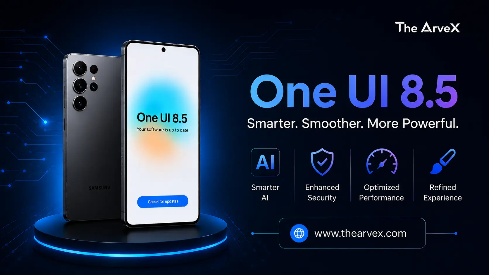 Samsung Galaxy smartphone promotional graphic showing One UI 8.5 update interface with Galaxy AI features and TheArveX branding.