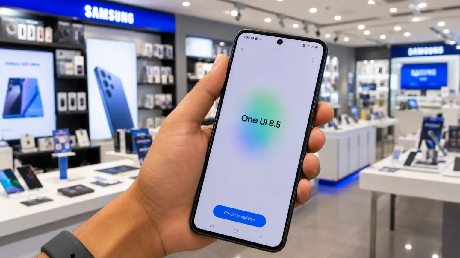Realistic hand holding a Samsung smartphone showing One UI 8.5 update screen inside a modern tech showroom