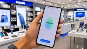 Realistic hand holding a Samsung smartphone showing One UI 8.5 update screen inside a modern tech showroom