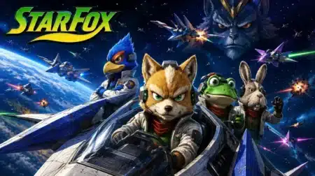 “Fox McCloud and Team Star Fox flying Arwings during an intense space battle in the Lylat System”