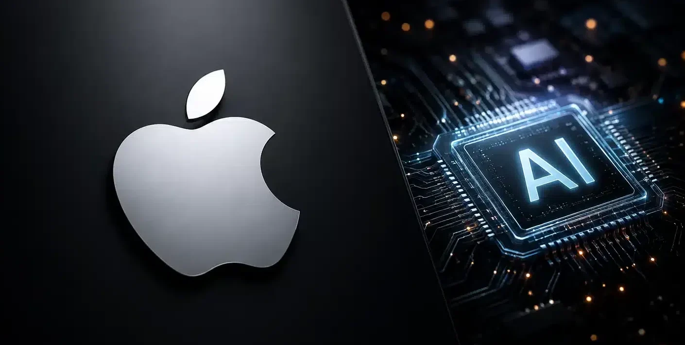 Apple logo with AI processor technology concept background