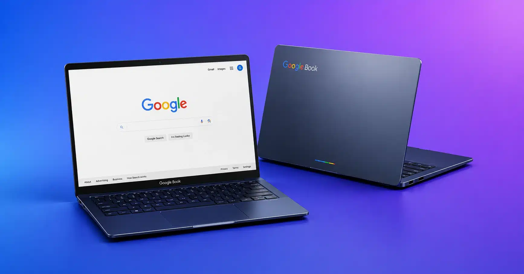Googlebook 2026 concept laptop render with premium slim design and futuristic display